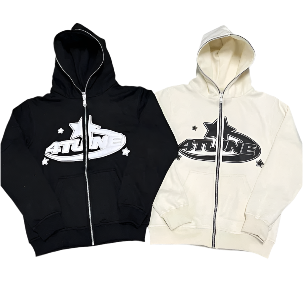 Star Letter Print Retro Oversized Zip UP Hoodie