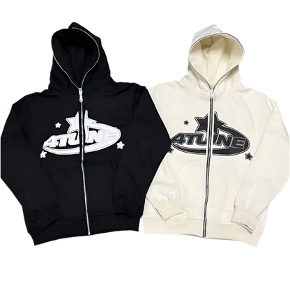 Star Letter Print Retro Oversized Zip UP Hoodie